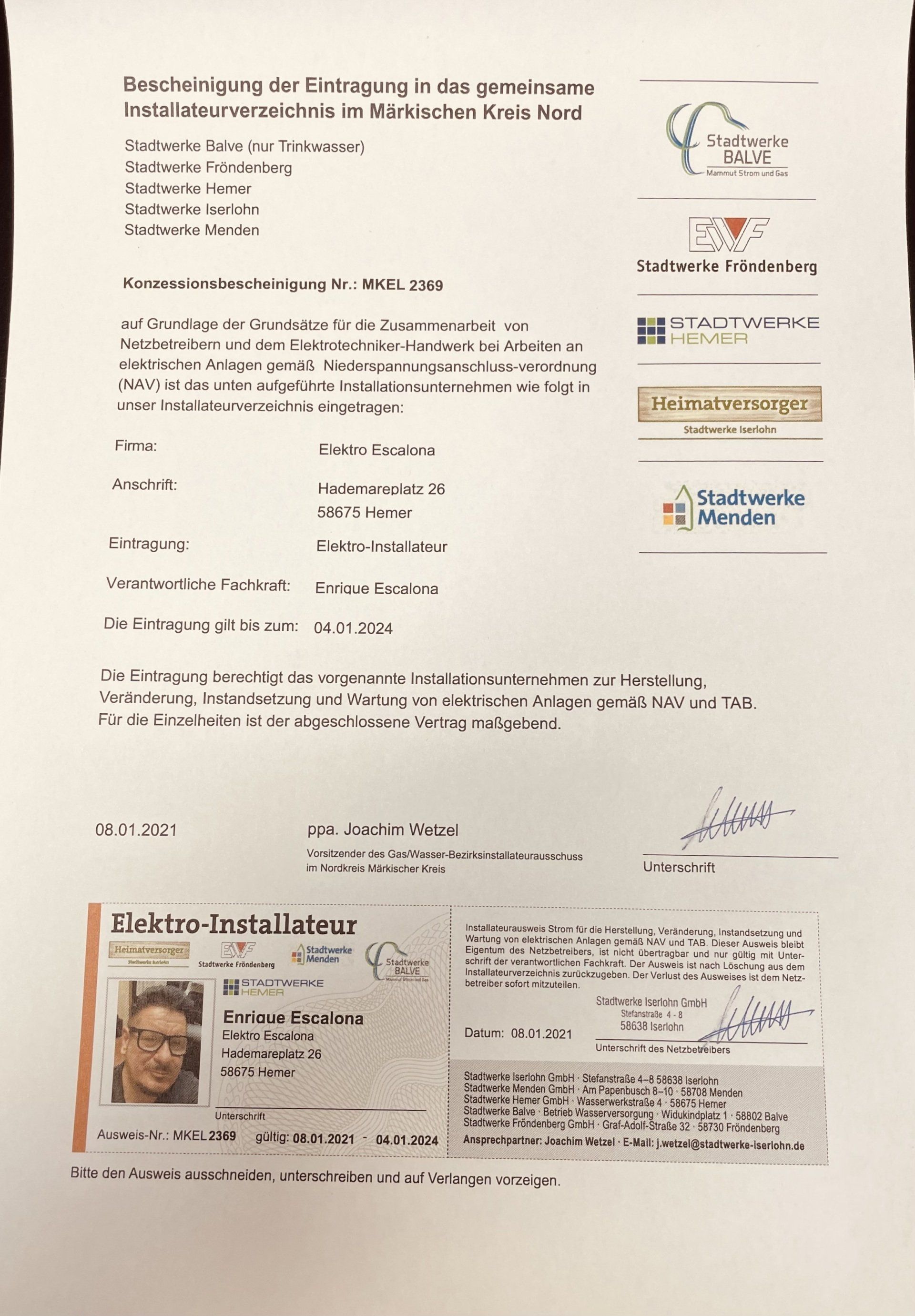 Eintragung als zugelassener Installationsbetrieb